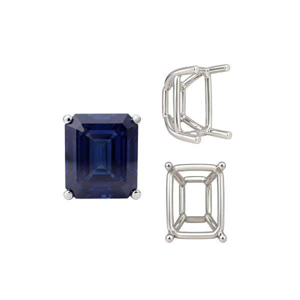 Four Prong Emerald Shape Tapered Base Wire Basket Settings in Sterling Silver (5.00 x 3.50 mm - 14.00 x 13.50 mm)