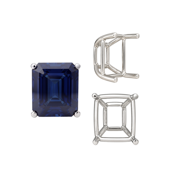 Four Prong Emerald Shape Tapered Base Wire Basket Settings in Sterling Silver (5.00 x 3.50 mm - 14.00 x 13.50 mm)