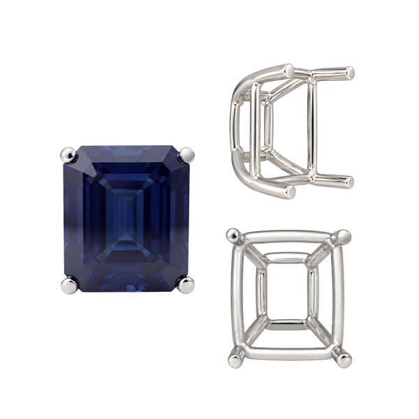 Four Prong Emerald Shape Tapered Base Wire Basket Settings in Sterling Silver (5.00 x 3.50 mm - 14.00 x 13.50 mm)