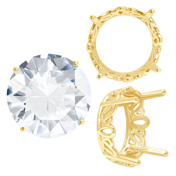 Four Prong Round Filigree Settings in 14K Gold (3.00 mm - 22.00 mm)