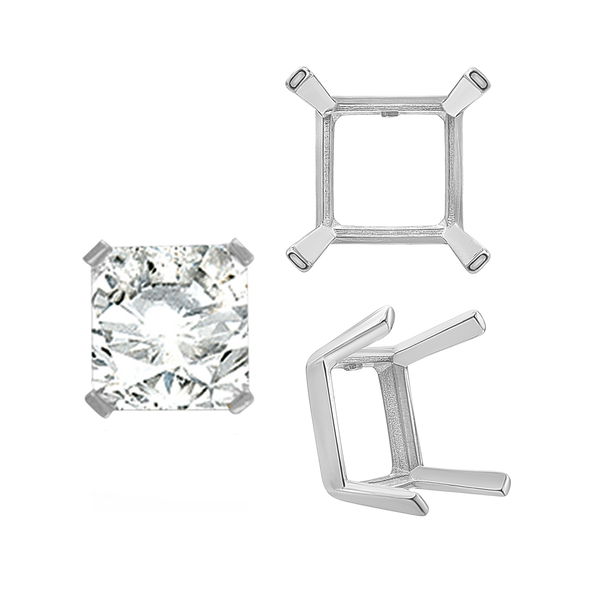 Four Prong Square Single Wire Settings in Sterling Silver (3.00 mm - 15.00 mm)