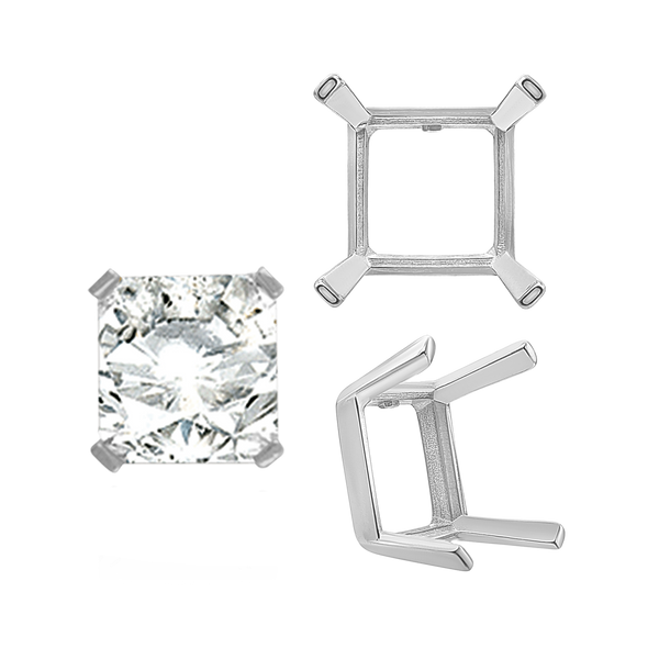 Four Prong Square Single Wire Settings in Sterling Silver (3.00 mm - 15.00 mm)