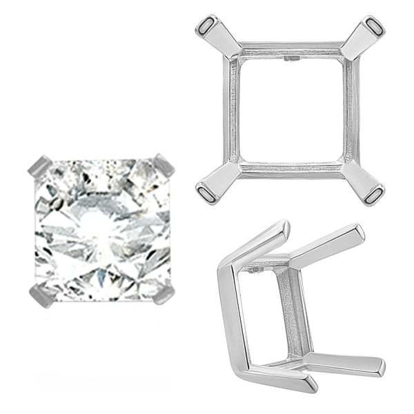 Four Prong Square Single Wire Settings in Sterling Silver (3.00 mm - 15.00 mm)