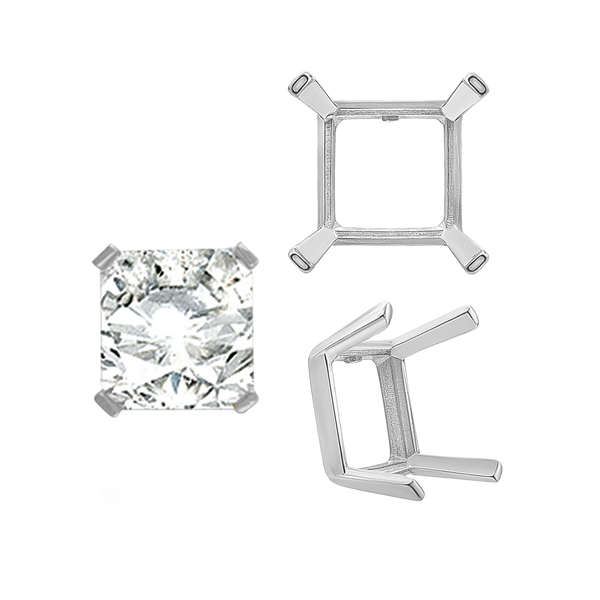 Four Prong Square Single Wire Settings in Sterling Silver (3.00 mm - 15.00 mm)