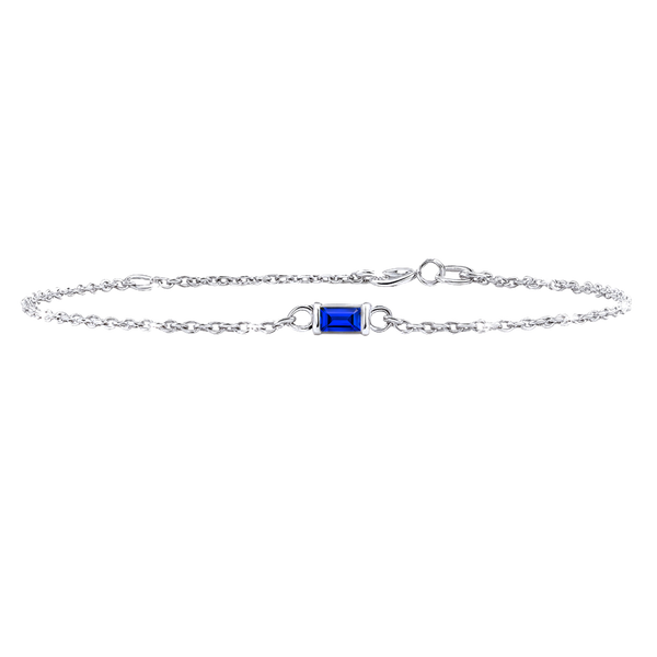 Diamond or Gemstone Baguette Bezel Charm in 14K White Diamond Cut Cable Bracelet