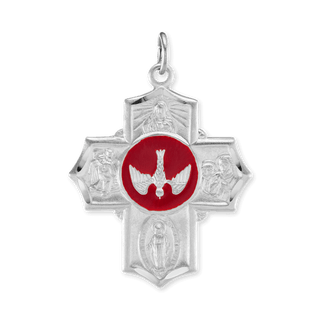 Sterling Silver Double-Sided Four-Way Cross Pendant with Red Enamel (37 x 26 mm)