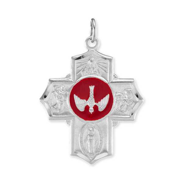 Sterling Silver Double-Sided Four-Way Cross Pendant with Red Enamel (37 x 26 mm)