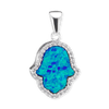 Sterling Silver Created Opal Hamsa Pendant with Cubic Zirconia (24 x 14 mm)