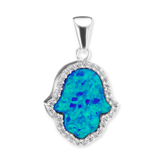 Sterling Silver Created Opal Hamsa Pendant with Cubic Zirconia (24 x 14 mm)