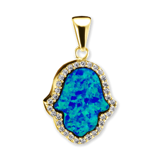 Sterling Silver Created Opal Hamsa Pendant with Cubic Zirconia (24 x 14 mm)