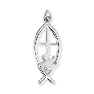 Sterling Silver Two-Tone Ichthys Fish with Cross and Dove Christian Novelty Pendant (26 x 11 mm)