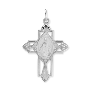 Sterling Silver Two Tone Cross Pendant with Miraculous Medallion (35 x 22 mm)