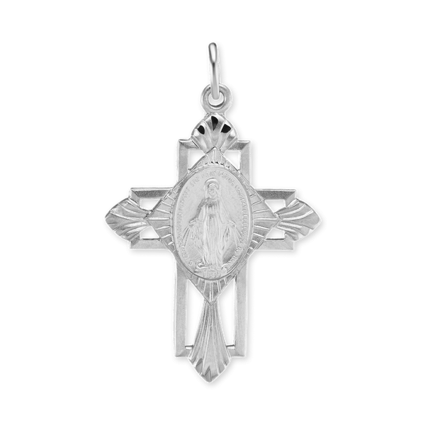 Sterling Silver Two Tone Cross Pendant with Miraculous Medallion (35 x 22 mm)