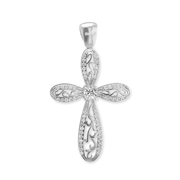 Sterling Silver Scroll Cross Pendant with Cubic Zirconia (42 x 24 mm)