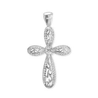 Sterling Silver Scroll Cross Pendant with Cubic Zirconia (42 x 24 mm)