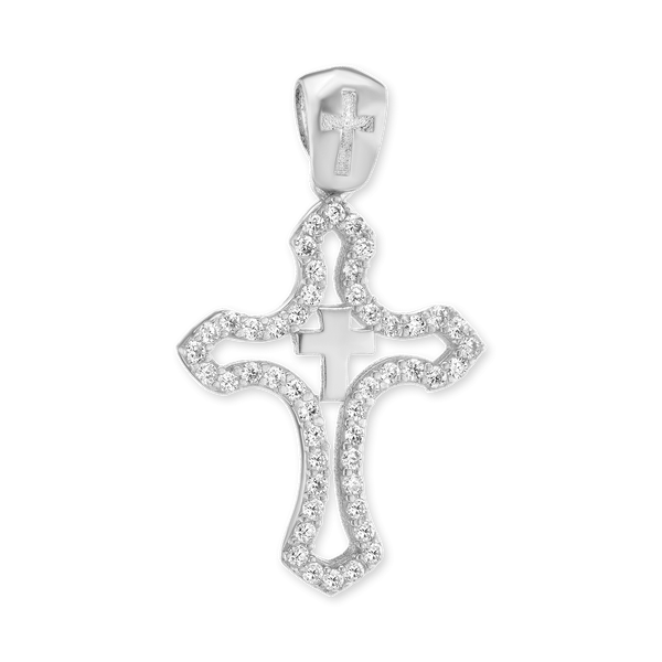 Sterling Silver Double Cross Pendant with Cubic Zirconia (32 x 19 mm)