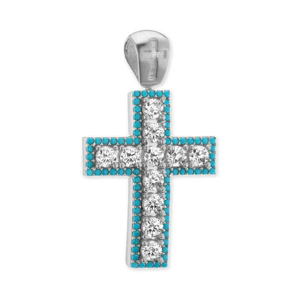 Sterling Silver Classic Cross Pendant with Light Blue Cubic Zirconia (36 x 19 mm)