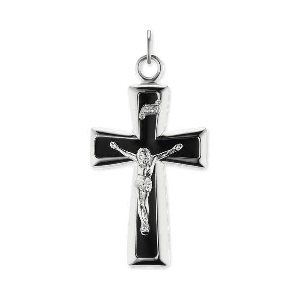 Sterling Silver Traditional Crucifix Pendant with Black Enamel (44 x 22 mm)