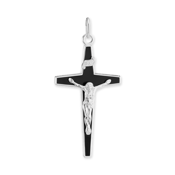 Sterling Silver Tapered Crucifix Pendant with Black Enamel (40 x 21 mm)