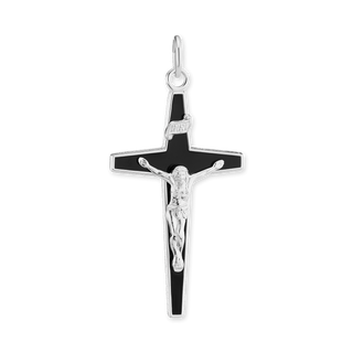 Sterling Silver Tapered Crucifix Pendant with Black Enamel (40 x 21 mm)