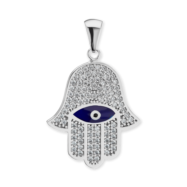 Sterling Silver Hamsa Pendant with Evil Eye (30 x 19 mm)