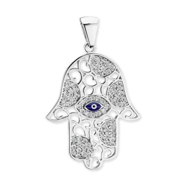 Sterling Silver Hamsa Pendant with Evil Eye (34 x 20 mm)