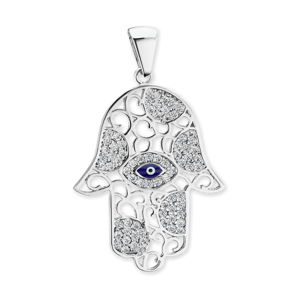 Sterling Silver Hamsa Pendant with Evil Eye (34 x 20 mm)