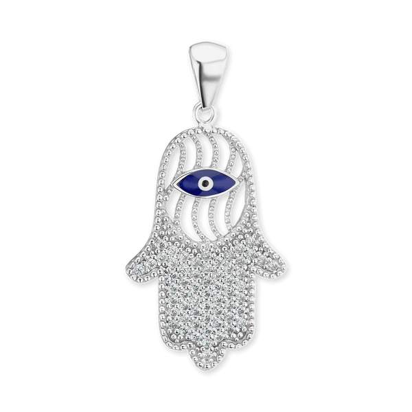 Sterling Silver Hamsa Pendant with Evil Eye (32 x 16 mm)