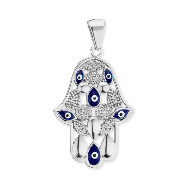 Sterling Silver Hamsa Pendant with Evil Eye (34 x 18 mm)