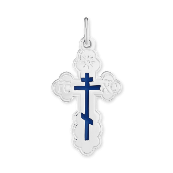 Sterling Silver Orthodox Cross and Crucifix Pendant with Blue Enamel (32 x 17 mm)