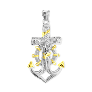 Sterling Silver Two-Tone Mariner Anchor Crucifix and Cross Pendant (55 x 29 mm)