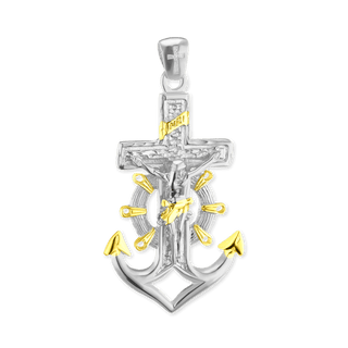 Sterling Silver Two-Tone Mariner Anchor Crucifix and Cross Pendant (55 x 29 mm)