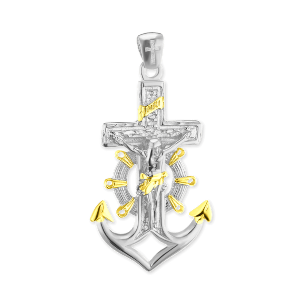 Sterling Silver Two-Tone Mariner Anchor Crucifix and Cross Pendant (55 x 29 mm)