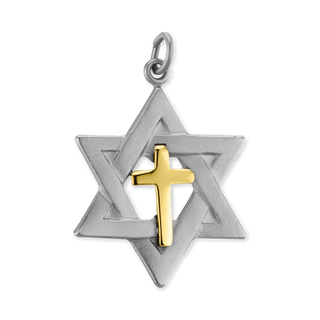 Sterling Silver Two-Tone Star of David Pendant with Cross (29 x 18 mm)