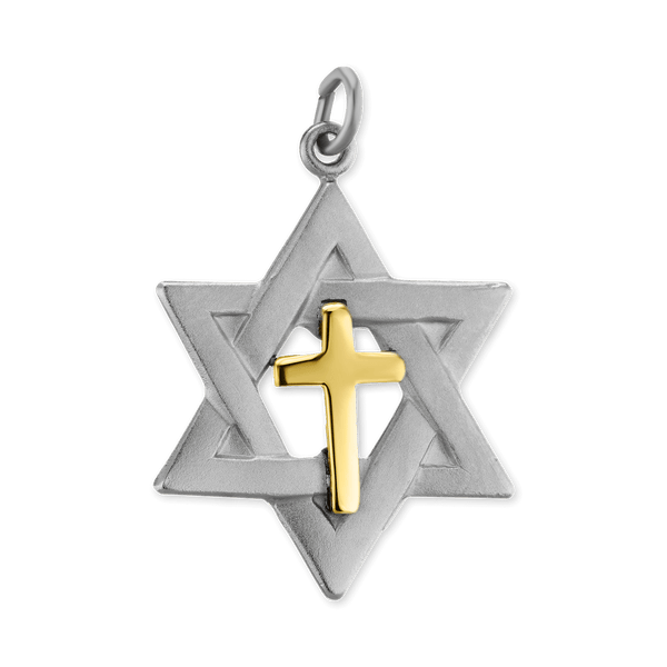 Sterling Silver Two-Tone Star of David Pendant with Cross (29 x 18 mm)