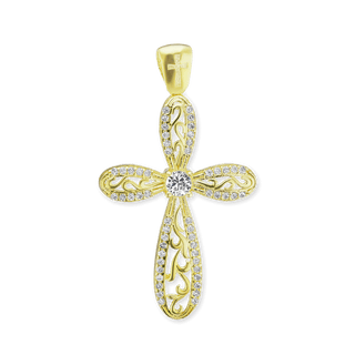 Sterling Silver Scroll Cross Pendant with Cubic Zirconia (42 x 24 mm)