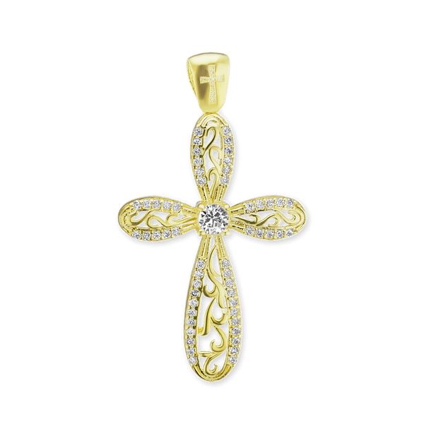 Sterling Silver Scroll Cross Pendant with Cubic Zirconia (42 x 24 mm)