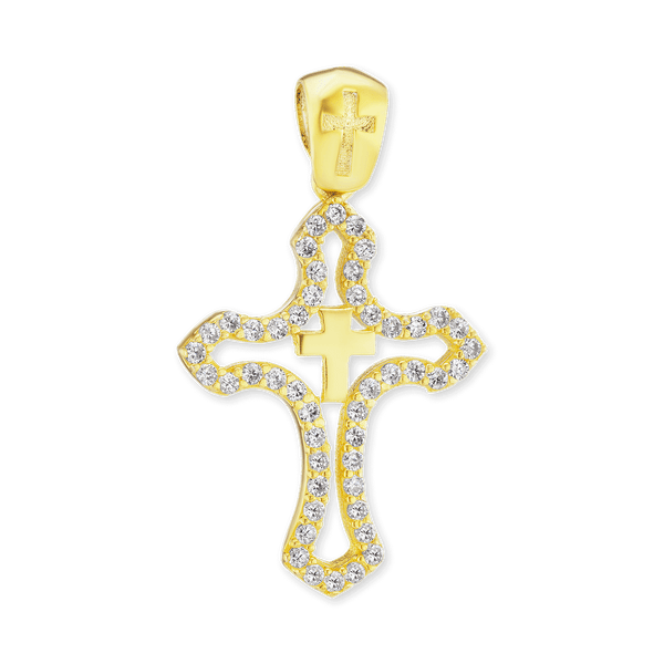 Sterling Silver Double Cross Pendant with Cubic Zirconia (32 x 19 mm)