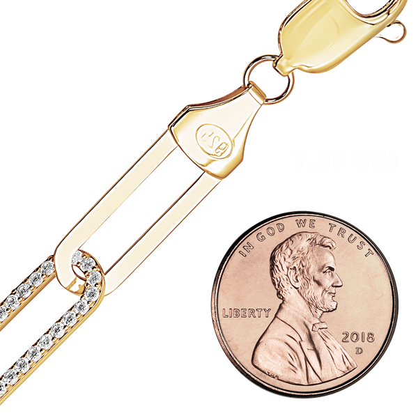 Finished Paperclip Cable Necklace with Alternating CZ Stones in Sterling Silver 18K Yellow Gold Finish (7.80 mm)