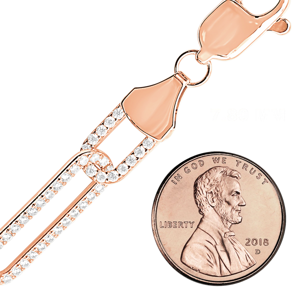 Finished Paperclip Cable Necklace with CZ Stones in Sterling Silver 18K Pink Gold Finish (7.80 mm)