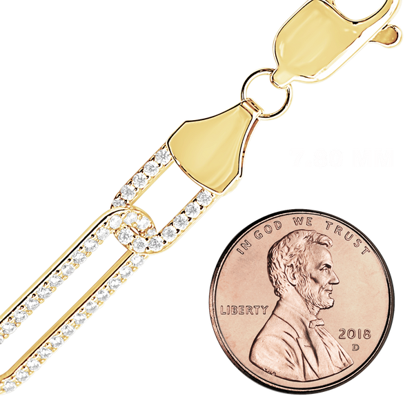 Finished Paperclip Cable Necklace with CZ Stones in Sterling Silver 18K Yellow Gold Finish (7.80 mm)