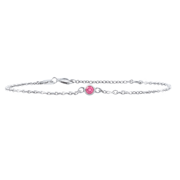 Diamond or Gemstone Round Bezel Charm in 14K White Diamond Cut Cable Bracelet
