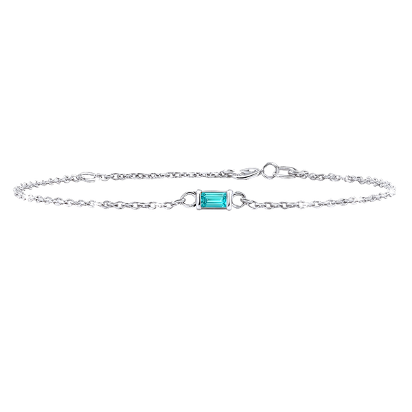 Diamond or Gemstone Baguette Bezel Charm in 14K White Diamond Cut Cable Bracelet