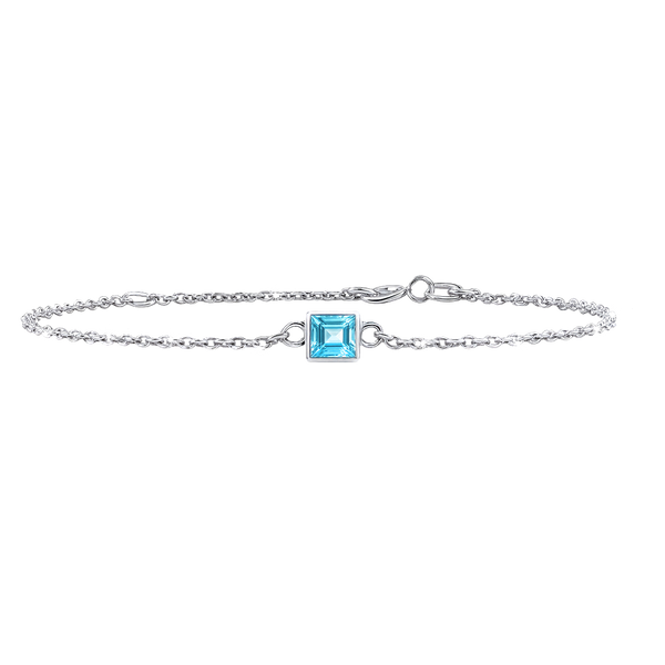 Diamond or Gemstone Square Bezel Charm in 14K White Diamond Cut Cable Bracelet