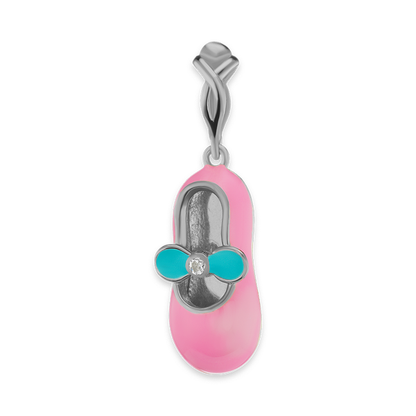 Baby Shoe Pink Ballerina with CZ Charm in Sterling Silver (28 x 10mm)