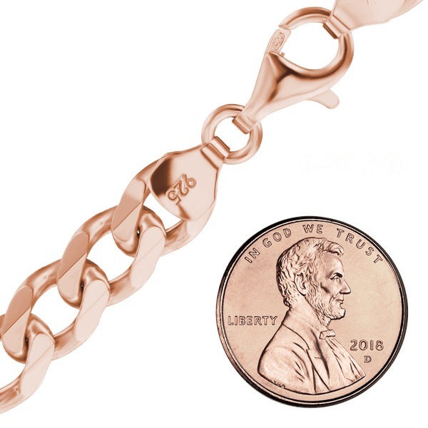 Finished Classic Curb Necklace in Sterling Silver 18K Pink Gold Finish (1.50 mm - 11.00 mm)
