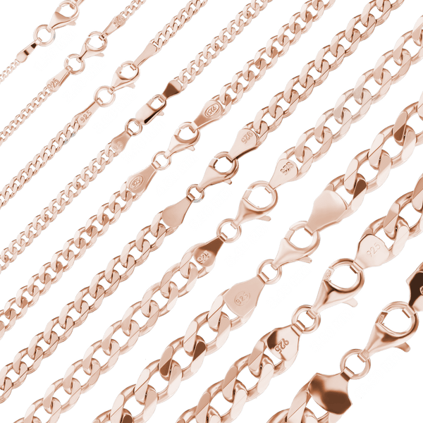 Finished Classic Curb Necklace in Sterling Silver 18K Pink Gold Finish (1.50 mm - 10.30 mm)