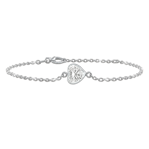 Diamond or Gemstone Heart Bezel Charm in 14K White Diamond Cut Cable Bracelet
