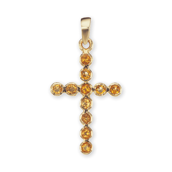 14K Yellow Gold Bezel Set Classic Cross Pendant with Citrine Stones (30 x 15 mm)