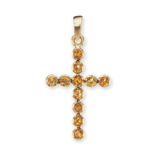 14K Yellow Gold Bezel Set Classic Cross Pendant with Citrine Stones (30 x 15 mm)